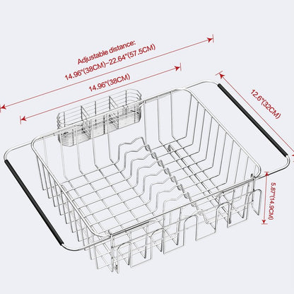 Fanbsy Dish Drying Rack in Sink, Extendable Stainless Steel Dish Drainers for Kitchen Counter, Anti-Rust Dish Dryer Rack with Utensil & Cup Holders, for Inside Sink, Over The Sink