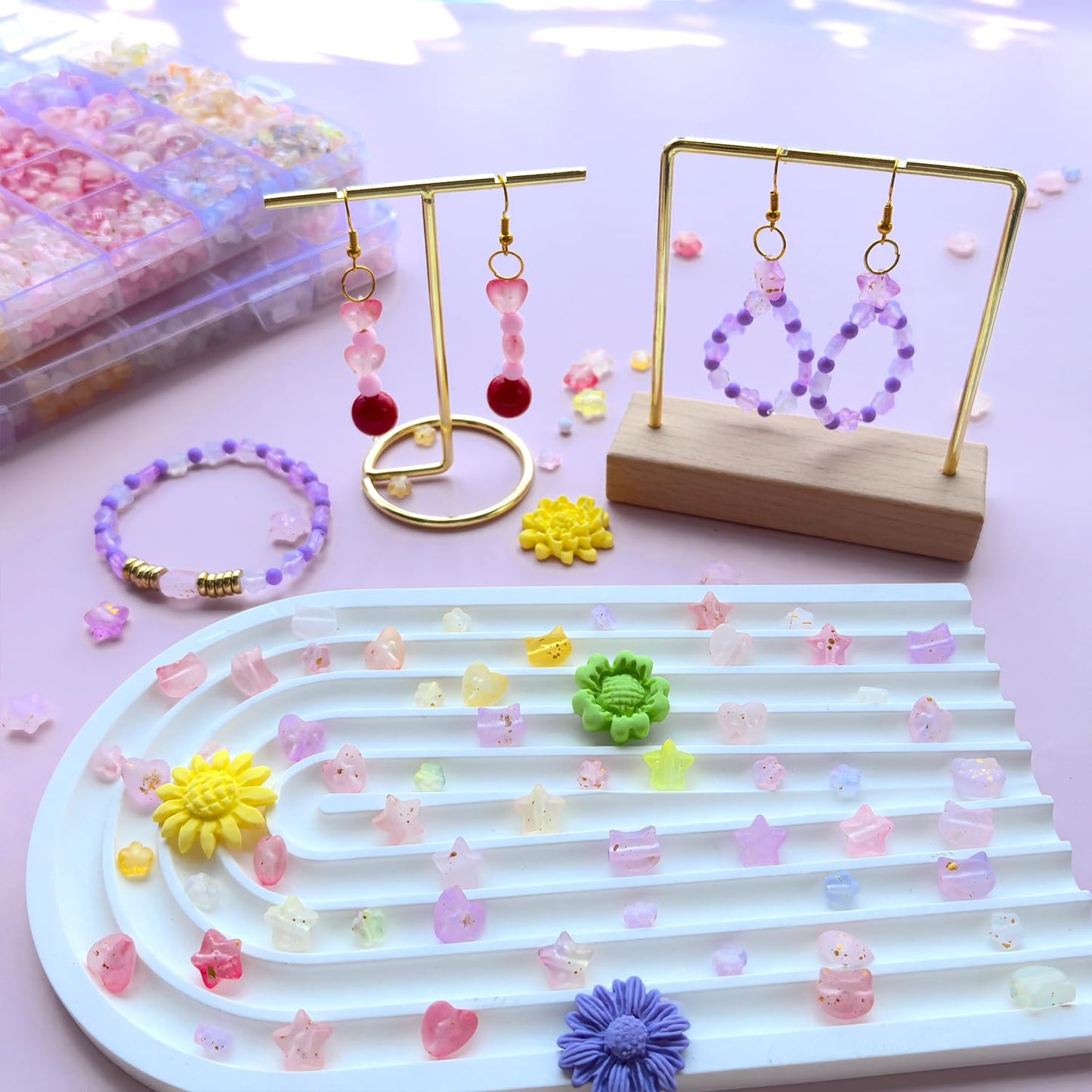 1300Pcs Pink Purple Assorted Acrylic Beads for Bracelet Jewelry Making, Frosted Star Heart Flower Cute Cat Head Shape Beads Matte Pastel Beads Cute Aesthetic Kawaii Bead for DIY Necklace Keychain
