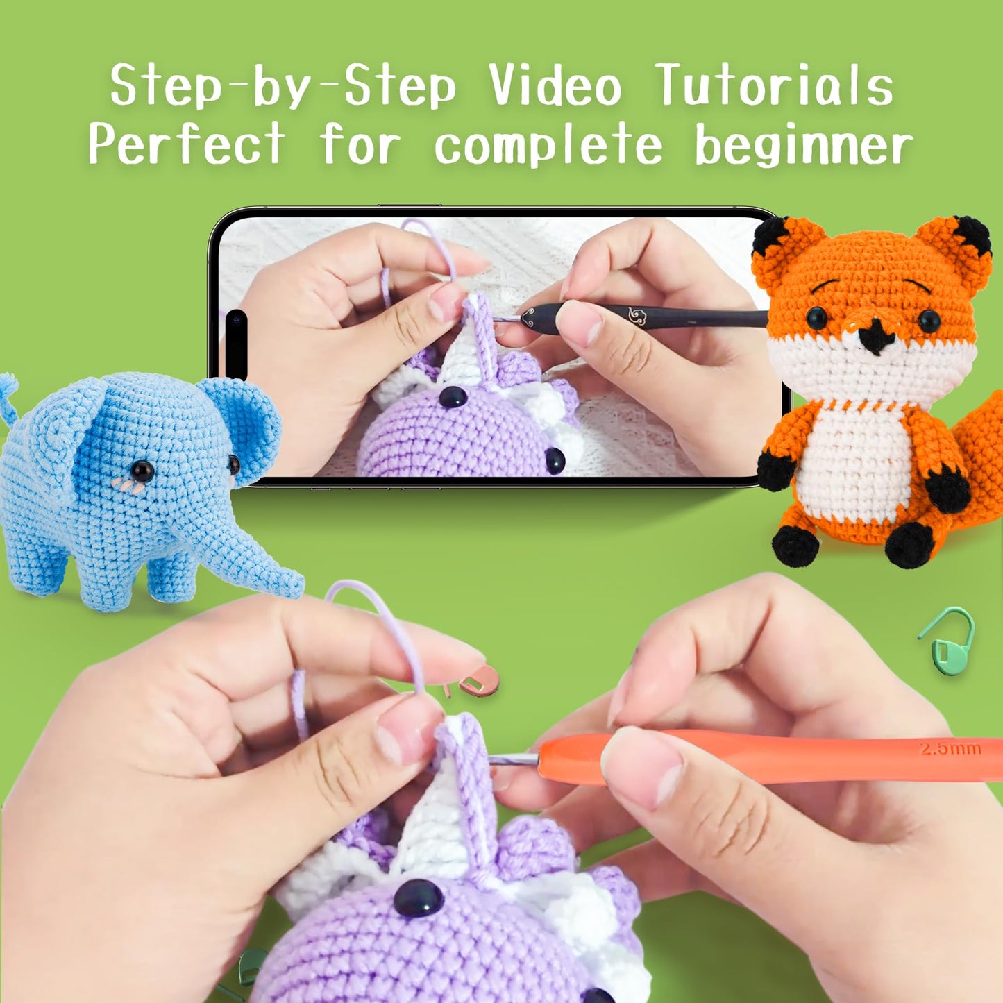 Gerute Crochet Kit for Beginners, 6 PCS Amigurumi Animal Family Starter Kit with Step-by-Step Video Tutorials & Illustrated Guide, 40% Extra Yarn, DIY Family Craft Gifts for Adults & Kids