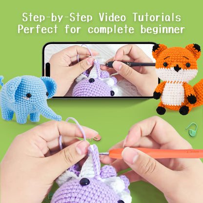 Gerute Crochet Kit for Beginners, 6 PCS Amigurumi Animal Family Starter Kit with Step-by-Step Video Tutorials & Illustrated Guide, 40% Extra Yarn, DIY Family Craft Gifts for Adults & Kids