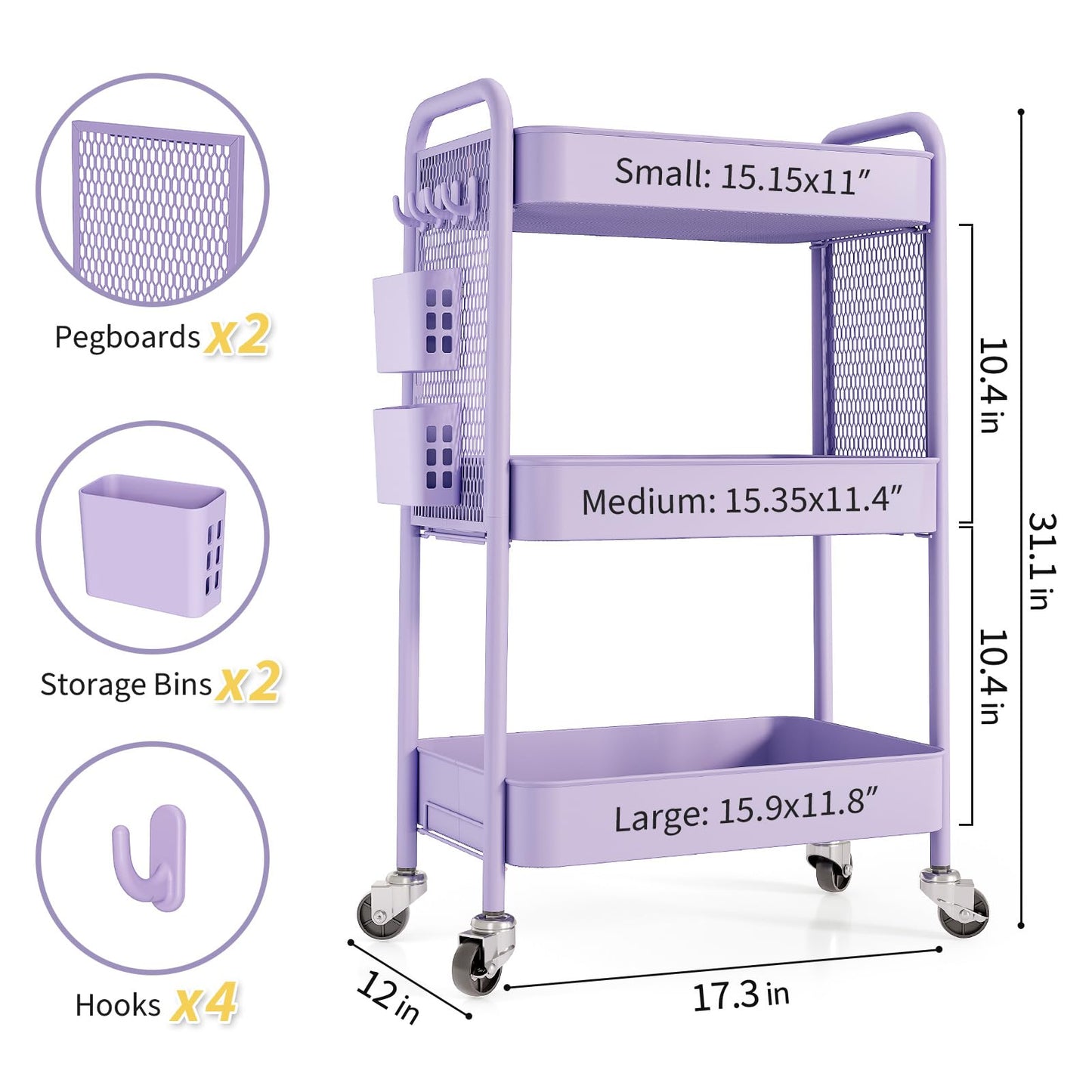 TOOLF 3 Tier Rolling Cart Storage Organizer, Metal Rolling Utility Cart with Wheels, Hooks & Bins Esthetician Craft Art Sturdy Storage with Pegboard for Bathroom, Kitchen, Office, Nursery Diaper