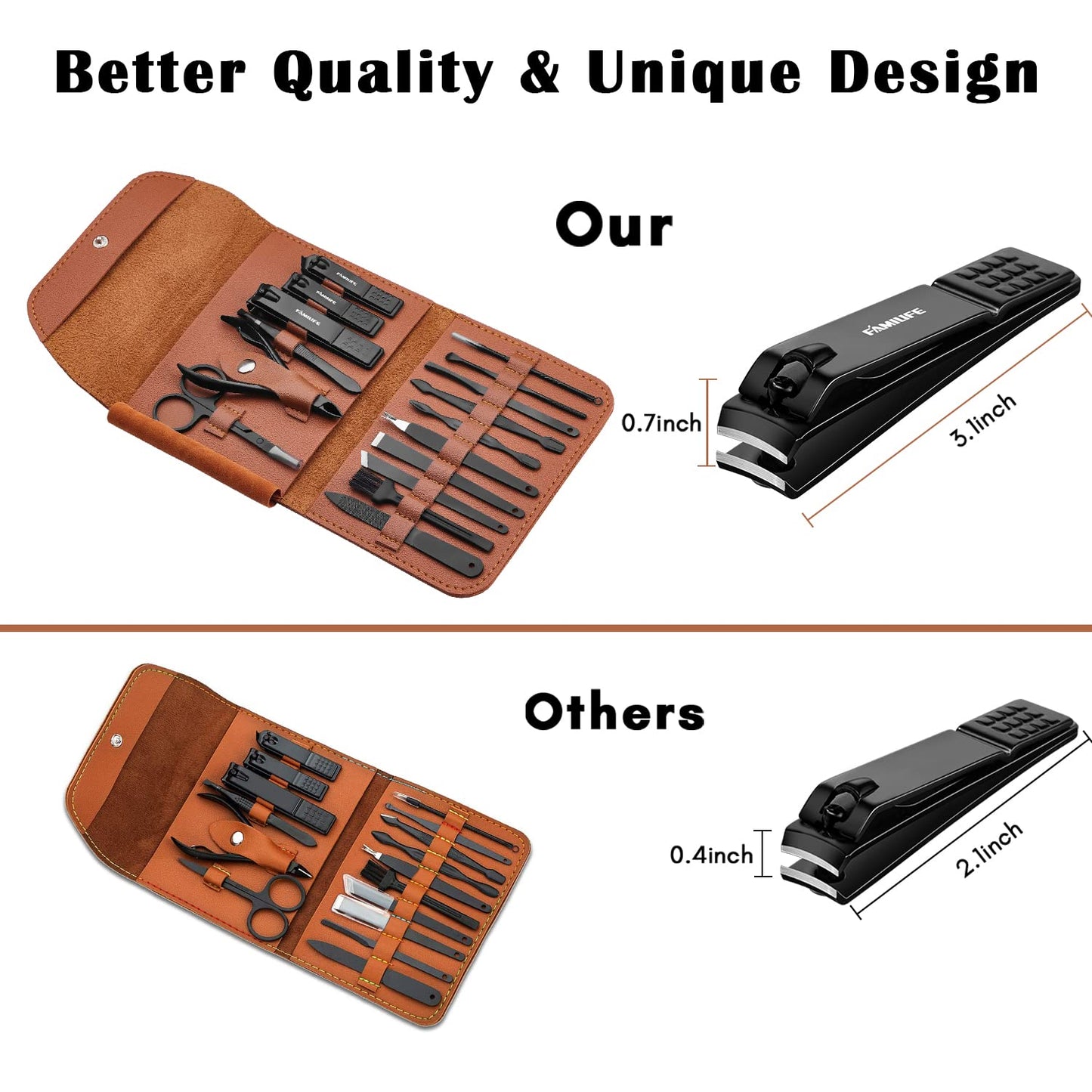 FAMILIFE Manicure Set, Nail Professional Kit Manicure Kits Nail Clipper Sets, 13PCS Stainless Steel Pedicure Sets Mens Grooming Tool, with Brown Leather Travel Case for Men