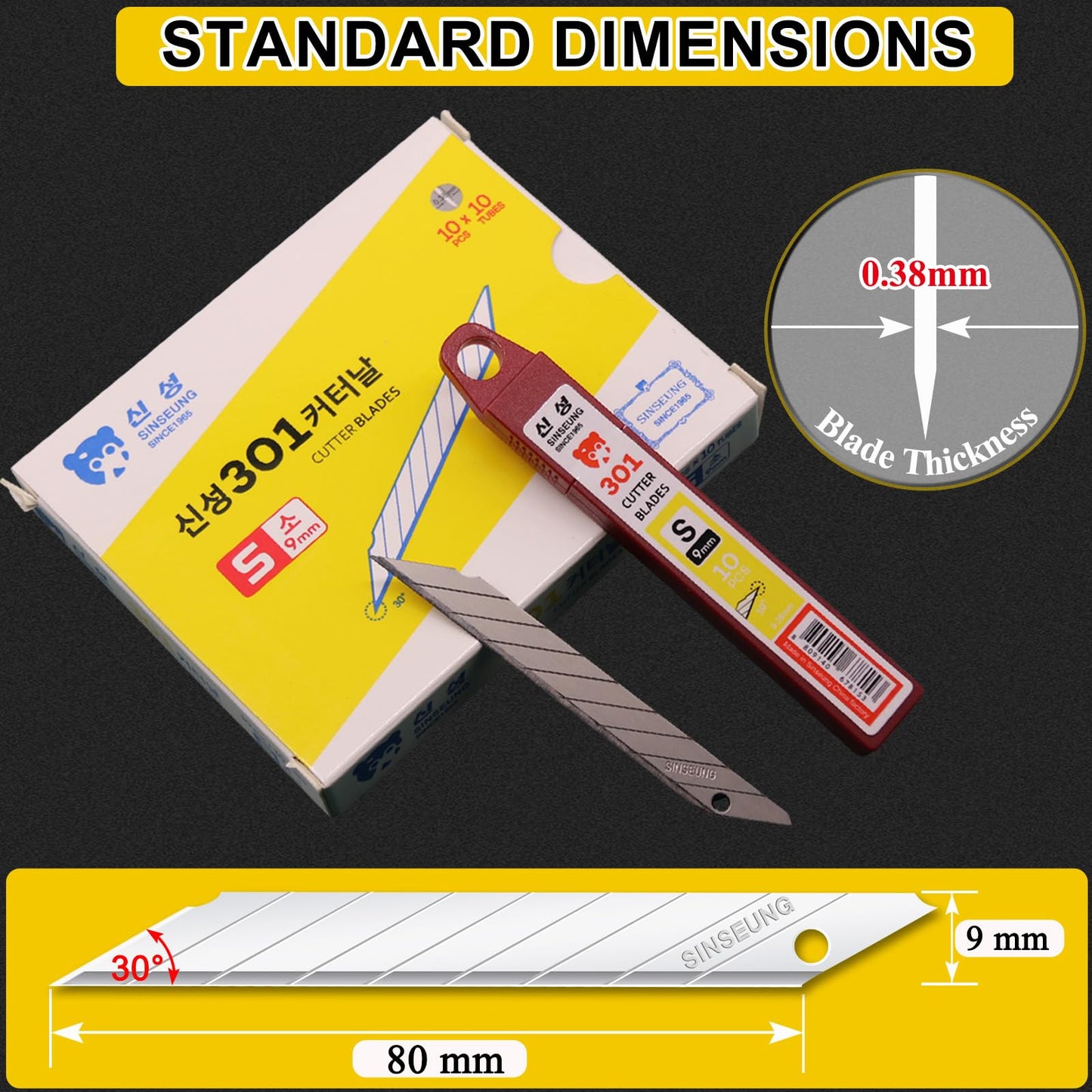 SINSEUNG Utility Knife Blades 30 Degree 9mm 100PCS Box Cutter Snap Off Blades Carbon Steel Razor Refills for Window Tinting, Vinyl Wrap, PPF (S301)