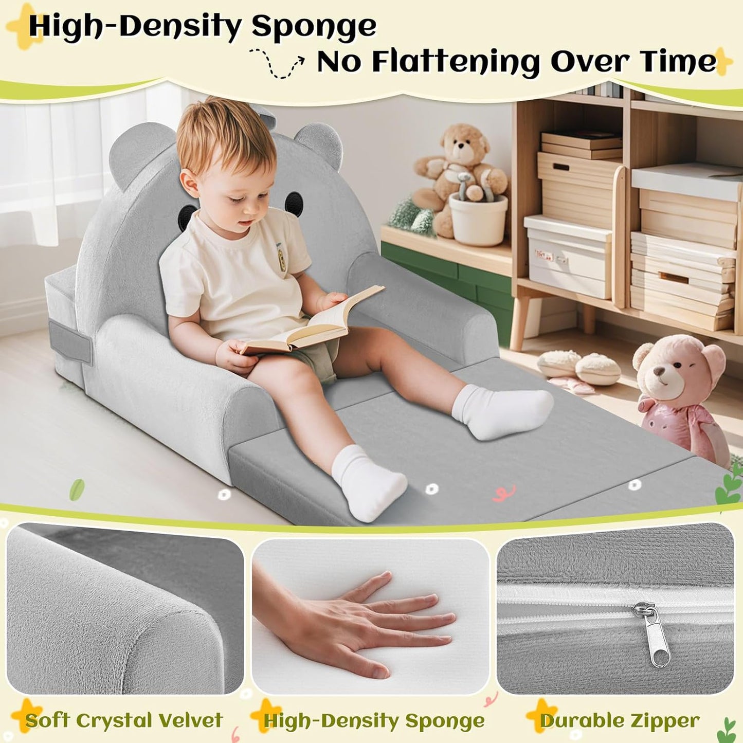 Cozy Kids Sofa Bed with Removable Washable Cover & Magic-Tape Backrest Foldable Toddler Chair, Crystal Velvet Furniture