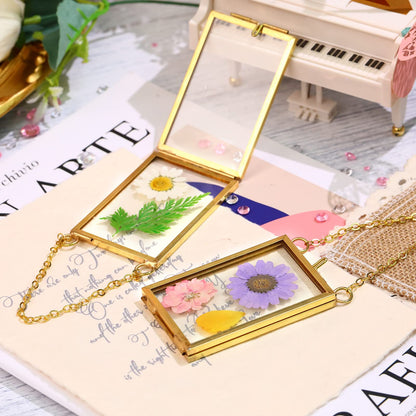 Reginary 8 Pcs 2 x 3 Inch Glass Frame for Pressed Flowers Mini Hanging Double Brass Frame Floating Glass Photo Picture Frame with Chain for Artwork Art Specimen Wall Plant DIY Decor(Gold)