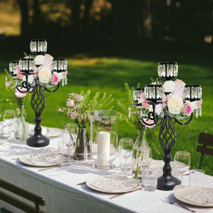 23.2 inch Tall Elegant and Chic 5 Arm Pendant Crystal Candlestick Holder Table Decoration tealight Candle Holder, Candelabra for Gorgeous Wedding/Parties Table Centerpiece (1, Black)