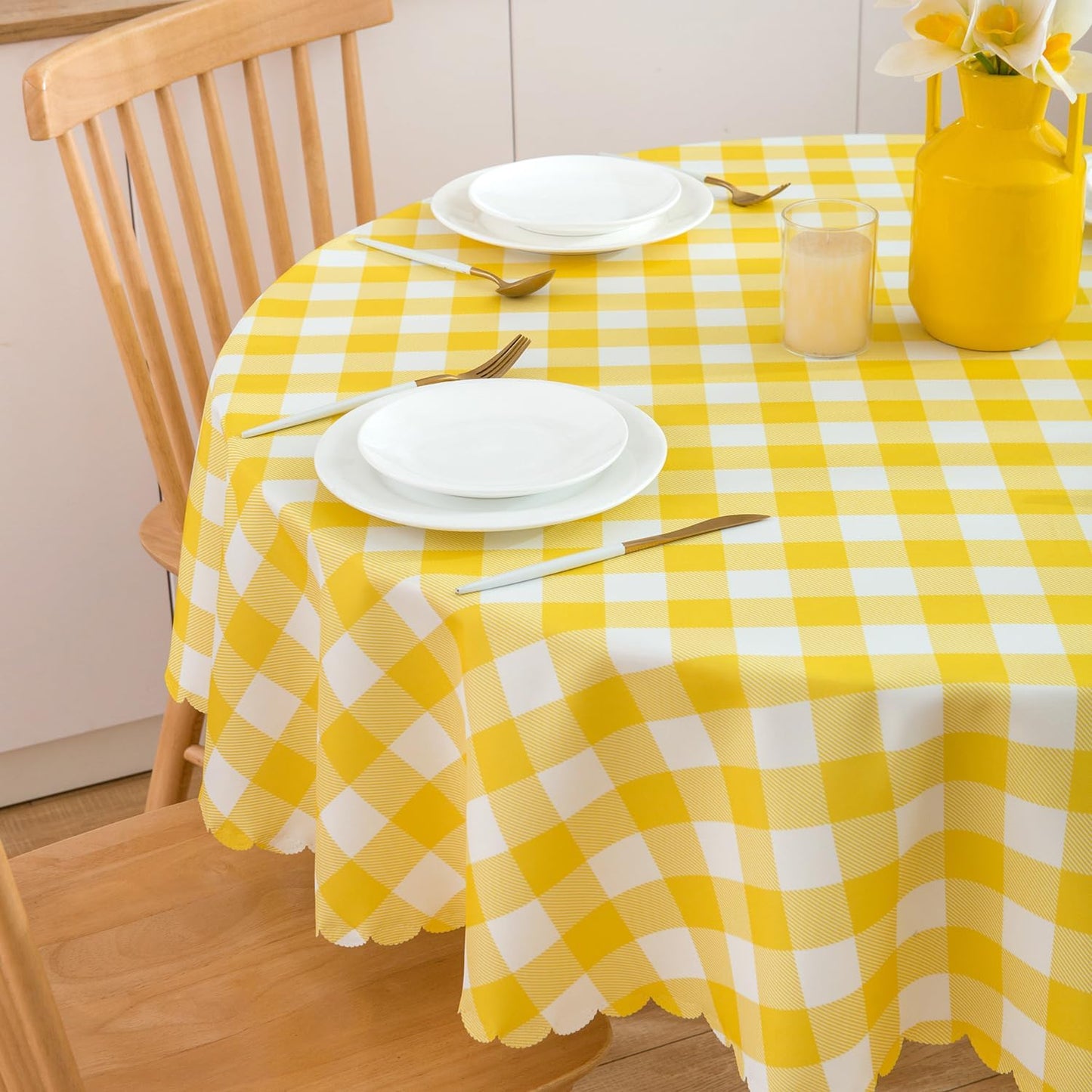 MANGATA CASA Yellow Gingham Round Tablecloth, Waterproof Checkered Table Cloth, Polyester Buffalo Plaid 60R inch