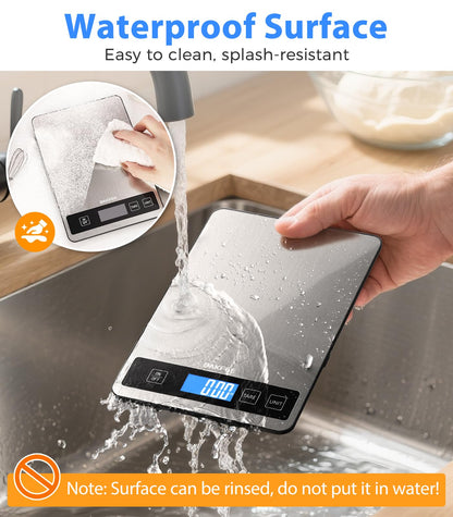 BakFee Food Scale - 15kg/33lb Rechargeable Digital Kitchen Scale with Full-View LCD Display, Grams and Ounces, Type-C or Batteries, Easy Clean Stainless Steel, for Baking, Cooking & Meal Prep, Black