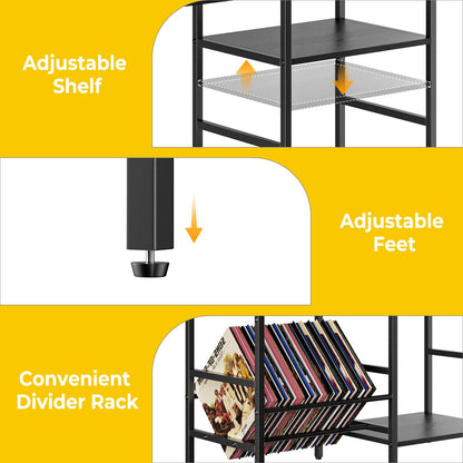 Nidouillet Record Player Stand with LED Light, Turntable Stand with Vinyl Storage for 300+ Albums, 3-Tier Media Cabinet with V-Shaped Holder & Adjustable Shelf, for Living Room & Bedroom