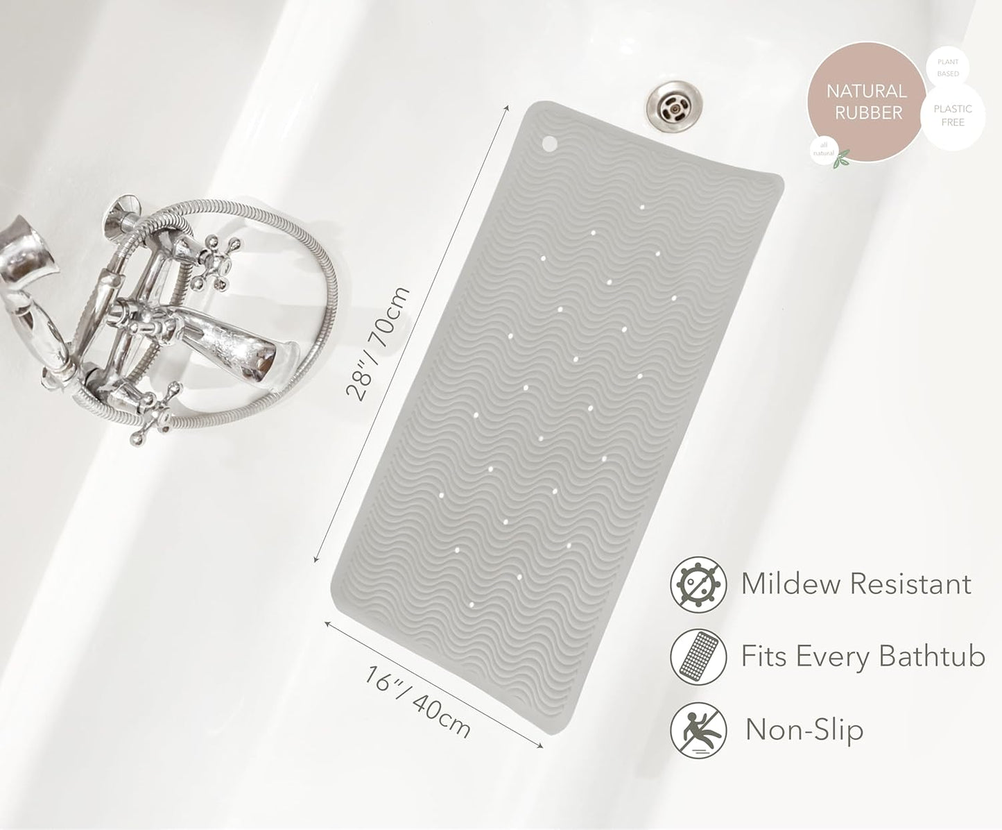 28 16 388 HEVEA Natural Rubber Wave Bath Mat Long in - Non-Slip Shower & Bathtub Mat with Suction Cups, Plastic-Free