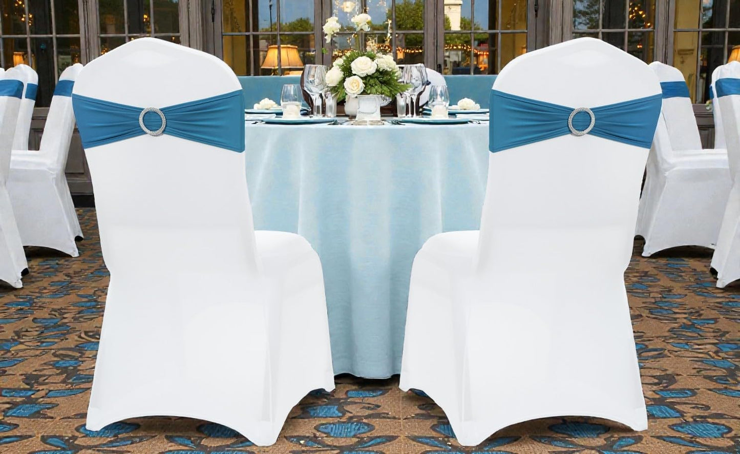 MDS Premium Spandex Chair Sashes - Stretchy Bow Covers with Buckle Slider | Dark Teal, Pack of 75