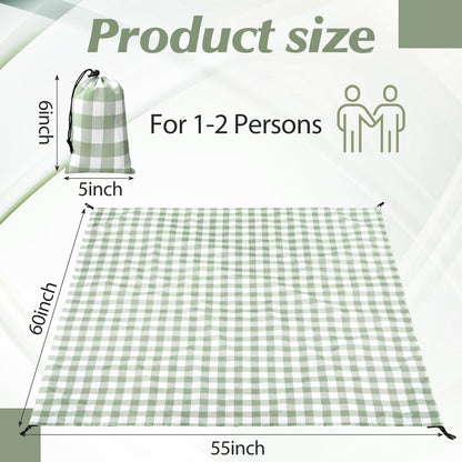 HunnmingRe Green Gingham Pocket Picnic Blanket with Storage Bag 55 x 60inch Packable Sandproof Waterproof Beach Mat Compact Washable Picnic Mat for Outdoor Hiking Camping Travel Outdoors