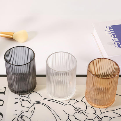DASITON Makeup Brush Holder Organizer, Crystal Cosmetic Makeup Brushes Storage Holder, Glass Make Up Brush Holder, Vintage Striped Make Up Cup Desk Pen Pencil Holder, Toothbrush Holders (Coffee S)