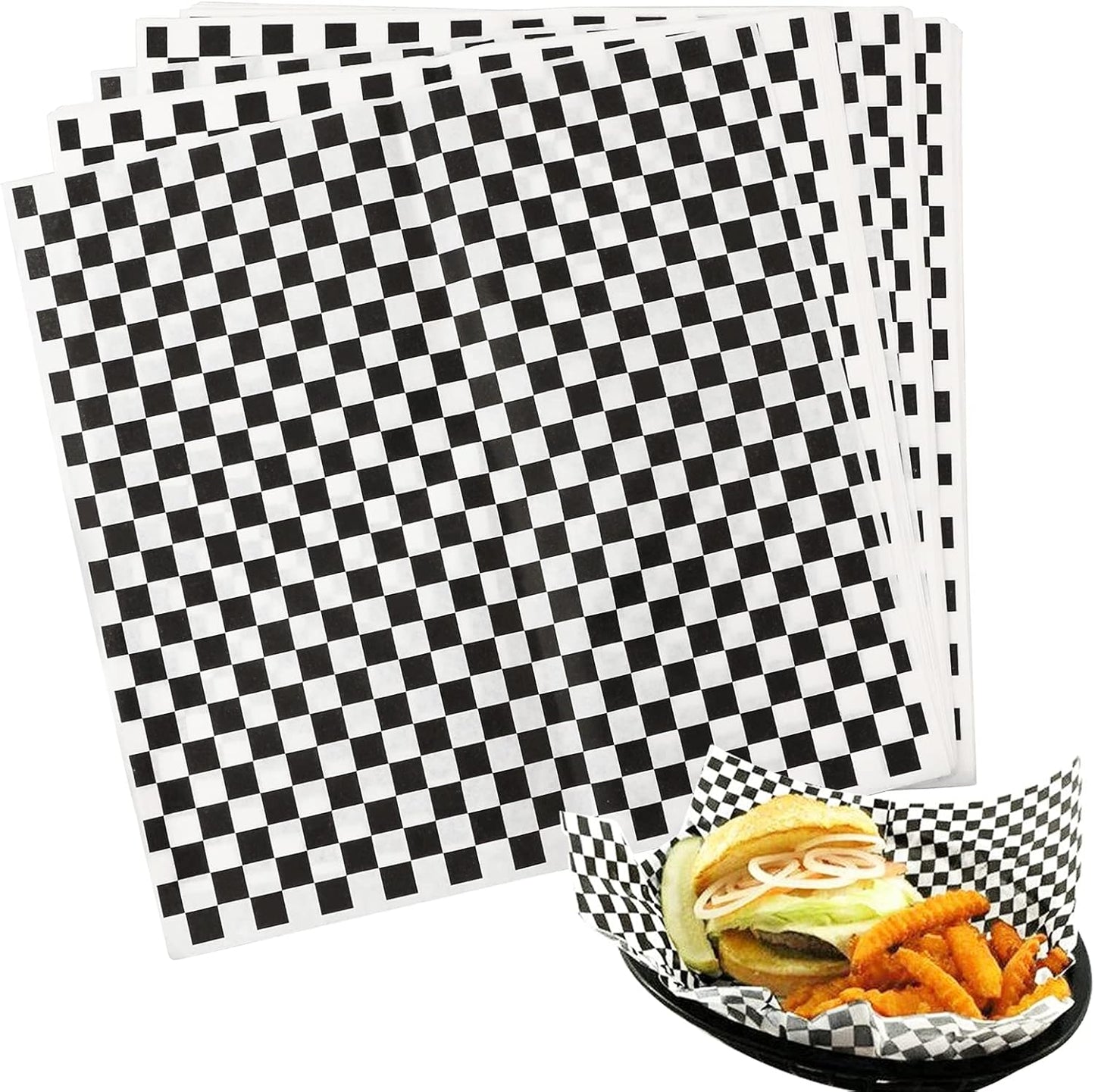 100 Sheets Checkered Dry Waxed Deli Paper Sheets for Plastic Food Basket, Wrapping Bread and Sandwiches (Black)