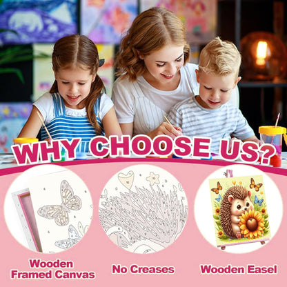 4 Pack Paint by Numbers Kit for Kids with Frame - Wooden Easel, Animal Paint by Numbers for Kids Ages 4 8 12, Easy Horse Cat Hedgehog Koala Acrylic Oil Painting Kits for Home Wall Decoration 8x8 inch