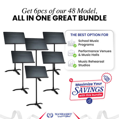 Manhasset Music Stand For Sheet Music - Bulk Pack of 6 Stands - 48 Symphony Model - Long Lasting, Durable Manhasset Stand - Adjustable Height - 20" by 12" - Made in the USA