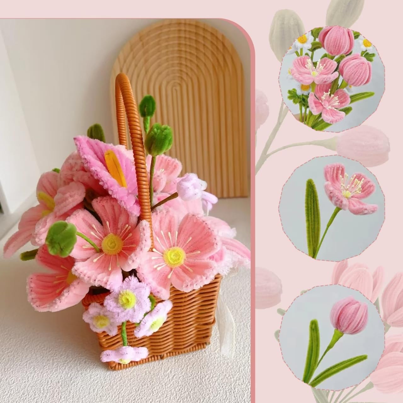 500 Pcs Pipe Cleaners Craft，Pipe Cleaner Bulk Flower Kit，6 Colors Chenille Stems Flower Kit for DIY Handmade Whit Ribbons，Stems,Tape，Stamens, Glue Sticks，Gift for Art Project Activity (Pink)