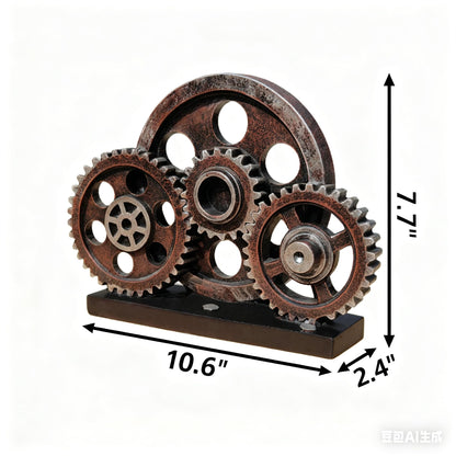 FMTITF Antique Copper Steampunk Gear Train Sculpture, Industrial Decor Statue for Bookshelf, Heavy Duty Resin Figurine with Mechanical Gears, Home Office Decor Gift for Men, Man Cave Collectible Art