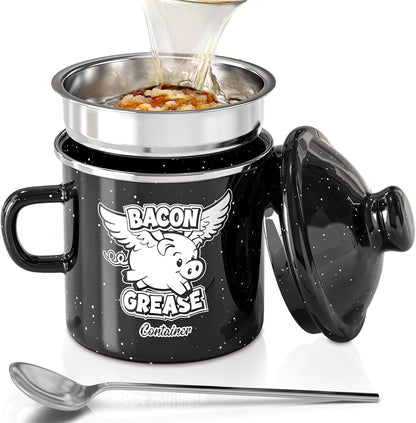15OZ 15OZ) PGYARD Mini Bacon Grease Container With Strainer - Farmhouse Enamel Grease Saver (Black