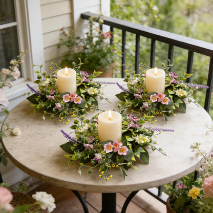 6 Pcs Small Spring Summer Candle Ring Wreaths with Artificial Pink Flower Purple Lavender Yellow Berry Mini Pillar Candle Holder Wreath with Green Leaves for Home Kitchen Table Centerpieces Wall Decor