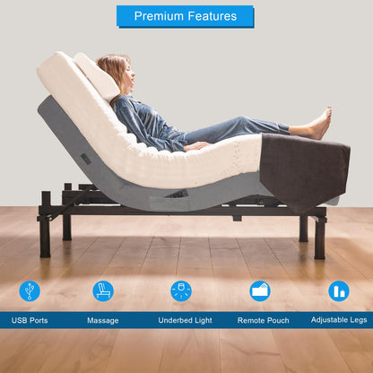Irvine Home Collection Twin XL Adjustable Bed Base | Dual Massage | USB Ports | Zero Gravity | Anti-Snore | Memory Positions | Under Bed Lighting | Wireless Remote | Zero Clearance