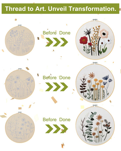 Santune 3 Sets Embroidery Kit,Cross Stitch Kits for Beginners,Needlepoint Kits for Adults with Easy Floral Pattern Hand Crafts,Hoop,Needle,Mothers Day Gifts