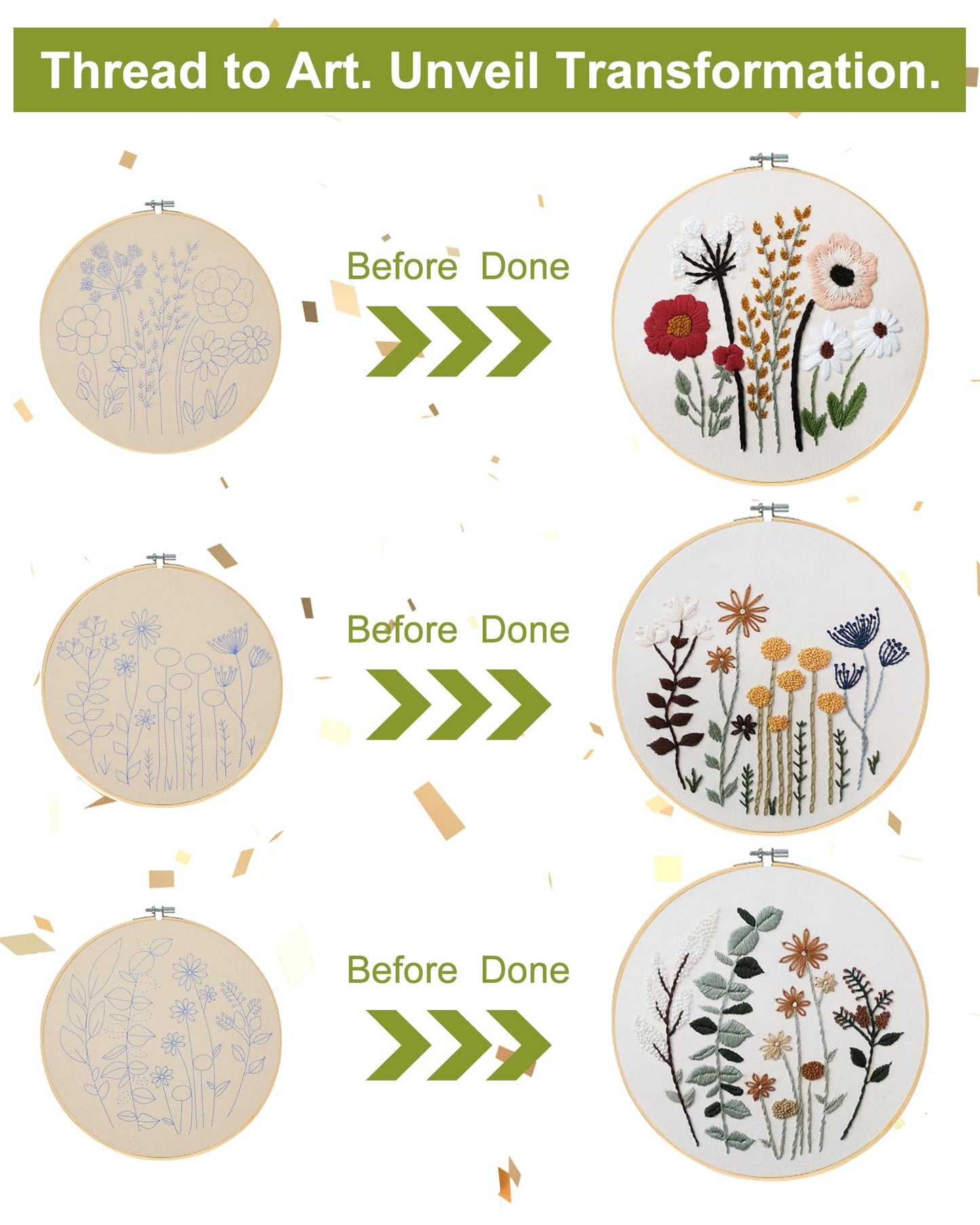 Santune 3 Sets Embroidery Kit,Cross Stitch Kits for Beginners,Needlepoint Kits for Adults with Easy Floral Pattern Hand Crafts,Hoop,Needle,Mothers Day Gifts