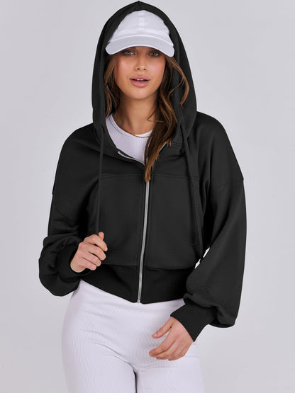 ANRABESS Women's Zip Up Hoodies Cropped Sweatshirts Casual Zip Jackets 2025 Fashion Trendy Fall Outfits Black Large