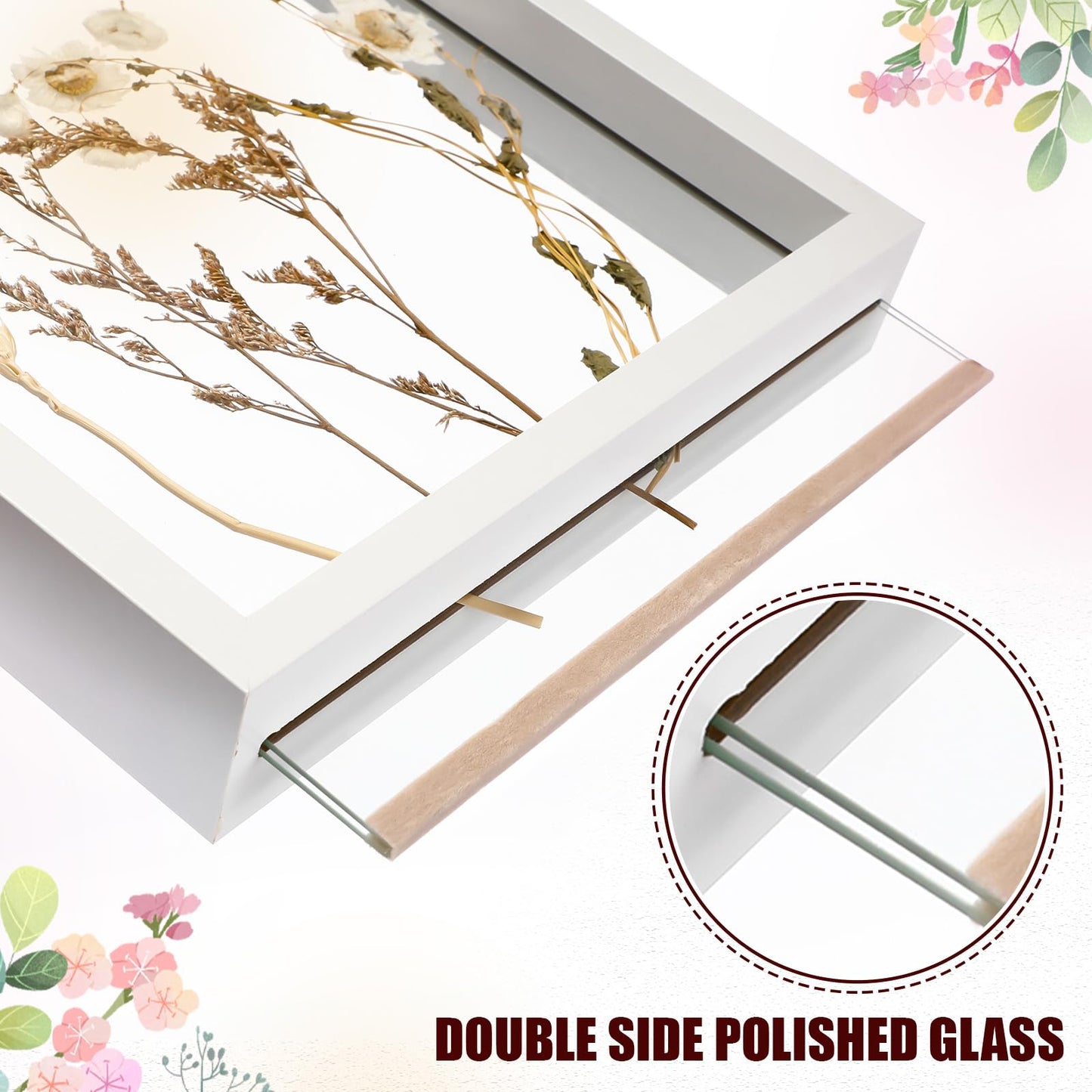 Fiwochic 4 Pack Pressed Flower Floating Picture Frames, 10, 8, 6, 5 Inch White Wooden Double Glass Pressed Flower Frames Wall Tabletop Display for Dried Flowers, Photos, Art, Birthday, Wedding Gift