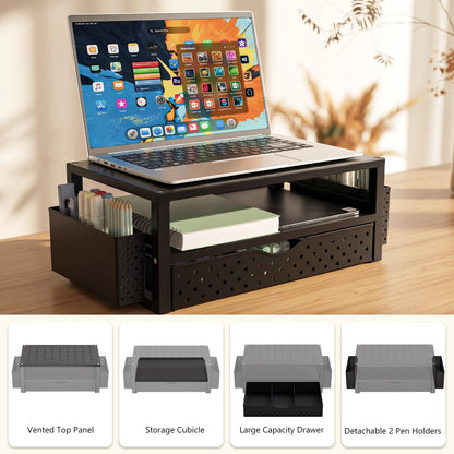 WALI Monitor Stand Riser with Drawer and 2 Pen Holders, Desk Organizers and Accessories for Computer, Printer, Laptop Stand for Home Office Supplies, (PTT004-B), 1 Pack, Black