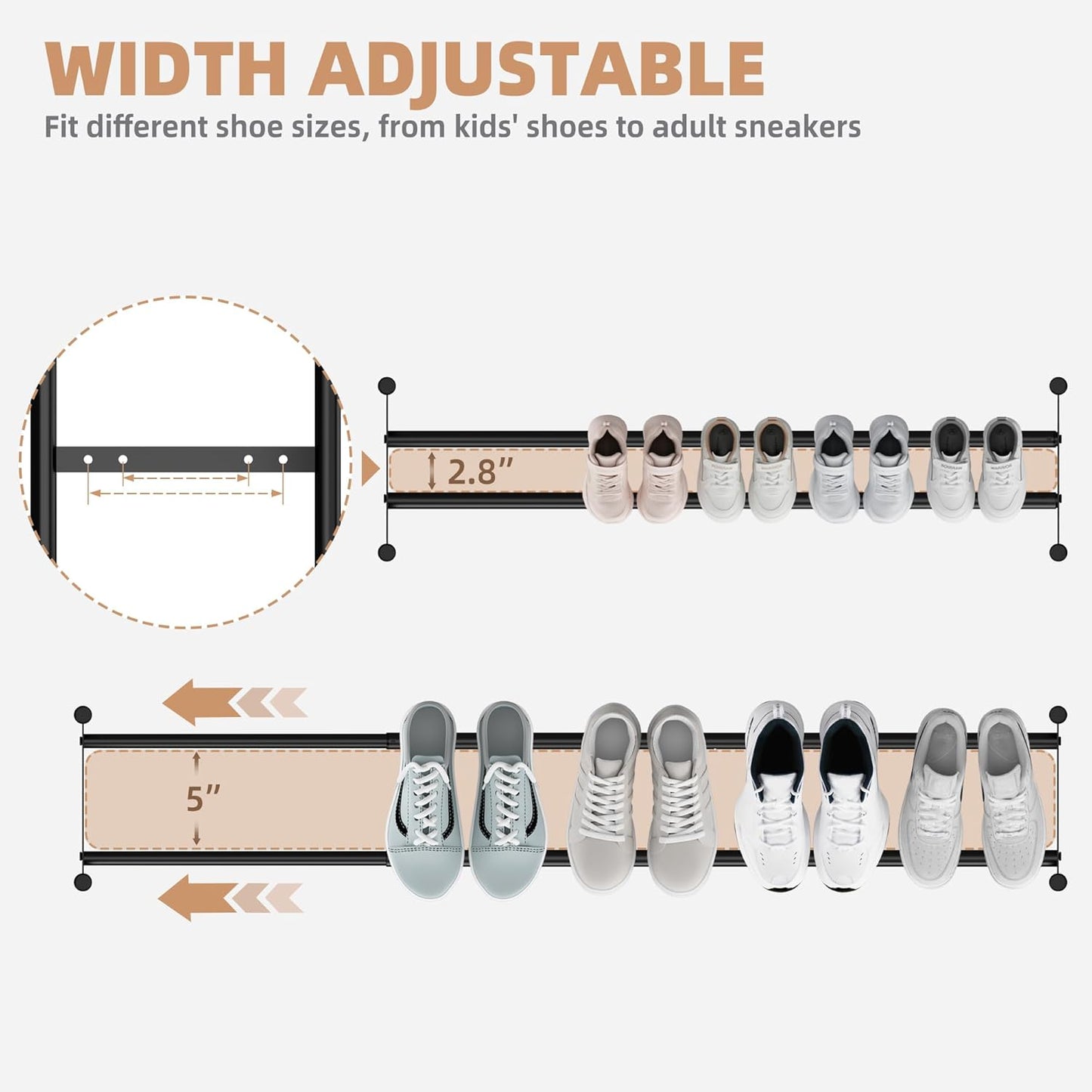 12 Closet, 2 STORAGE MANIAC Long Expandable Shoe Rack, Pairs Metal Wide Stackable Shoe Rack, Adjustable Shoes Shelf