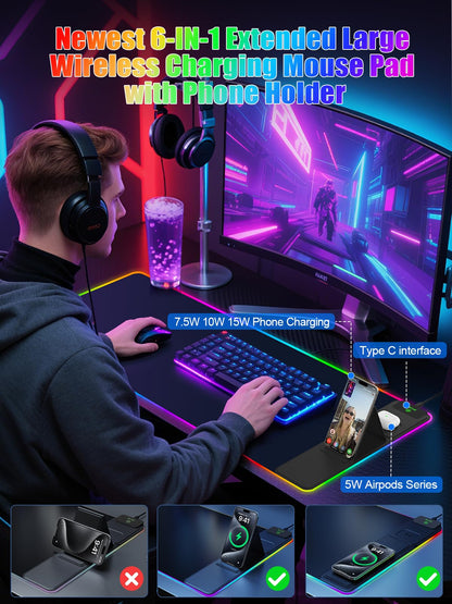 Mouse Pad with Wireless Charging, Large Desk Mat RGB Gaming Mousepad, 10 Light Colors LED Gaming Pad Keyboard Pad with Ultra-Smooth Surface & Non-Slip Rubber Base, Waterproof Full Desk Mouse Pad