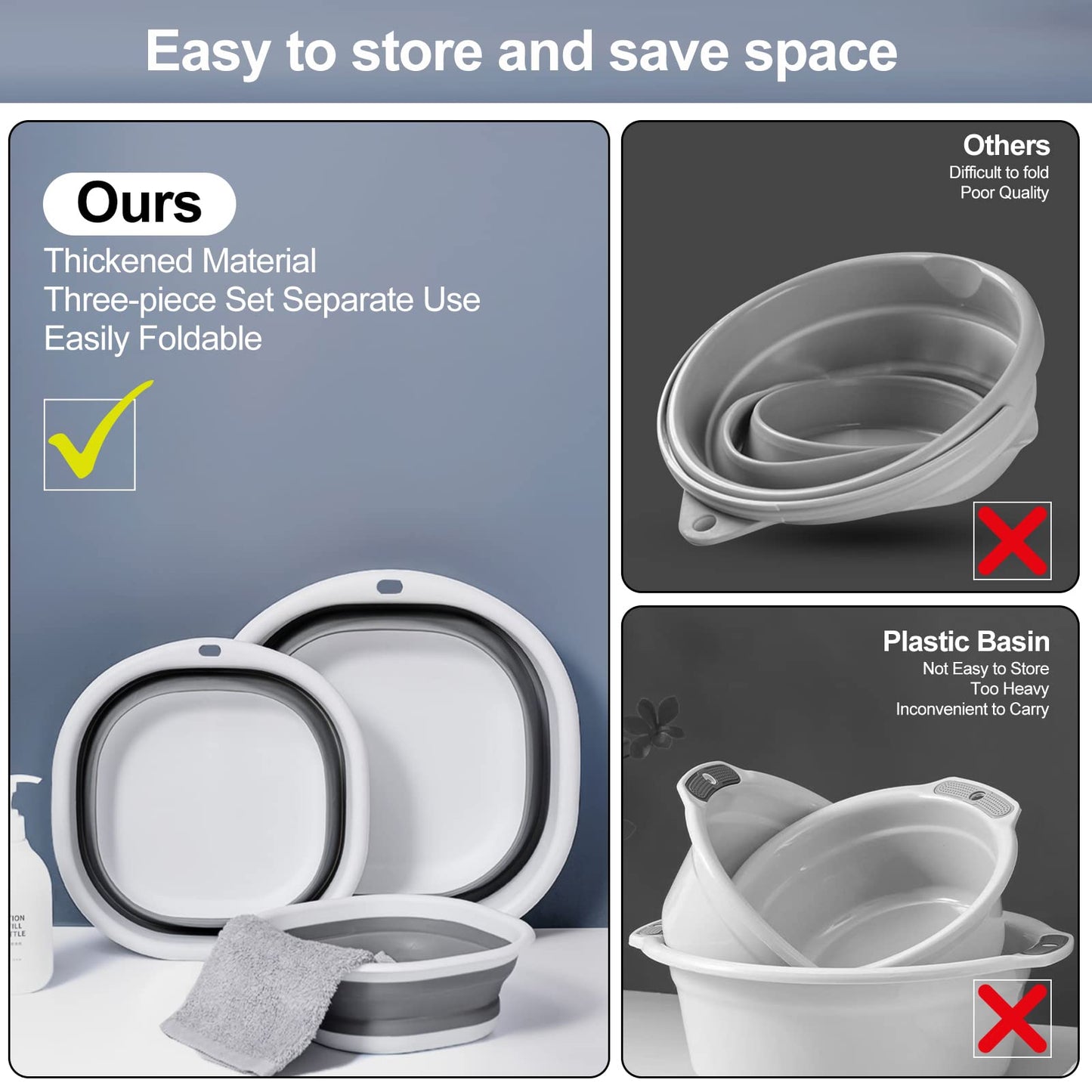 Collapsible Tub Wash Basin Laundry Tub 3 Pack Collapsible Laundry Baskets Foldable Dish Tub Plastic Washtub Space Saving Storage Container for Dishing, Fruit, Camping, Laundry, Hiking & Home (Grey)