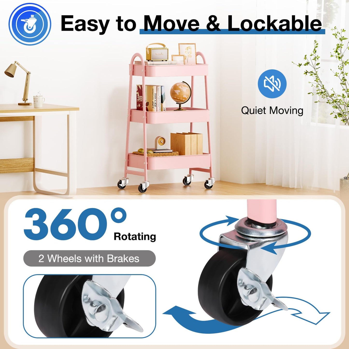 OLIXIS Metal 3 Tiers Utility Rolling Cart, Mobile Storage Shelf with Lockable Caster Wheels, Organization for Livingroom, Bathroom & Narrow Places, Pink