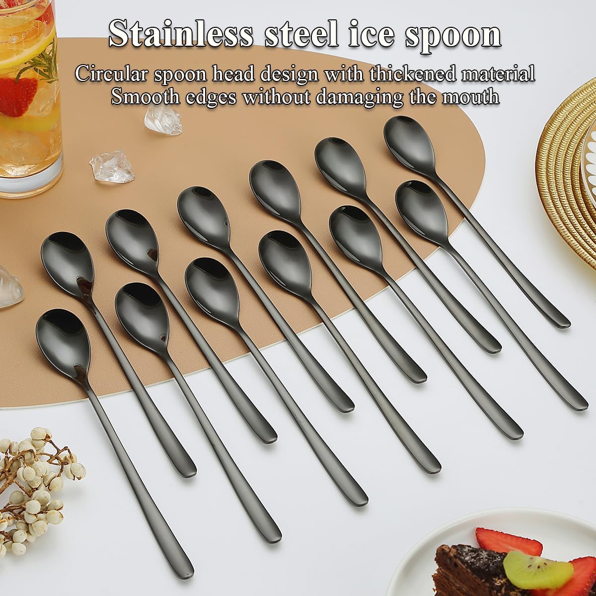 Black Long Handle Iced Tea Spoon Set of 12 Pieces, Titanium Plating Black Stainless Steel Teaspoons, Dishwasher Safe