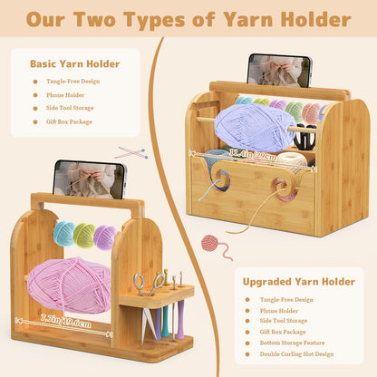 sandpaint Yarn Holder for Crocheting, Durable Bamboo Wood Yarn Storage Organizer with Built-in Phone Stand, Tangle-Free Dual Rods & Tool Holder, Ideal Crochet Accessories for Skein, Cake, Ball Yarn