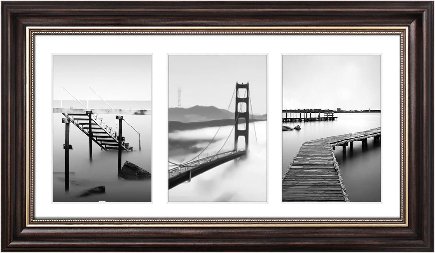 Space Art Deco 7x14 Collage Picture Frame with 3 Openings for Three 4x6 Photos or 7x14 Prints, Dark Brown/Ornate Gold