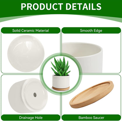 ZOUTOG White Mini Succulent Planter, 3.15 inch Ceramic Pot with Bamboo Tray, Pack of 4