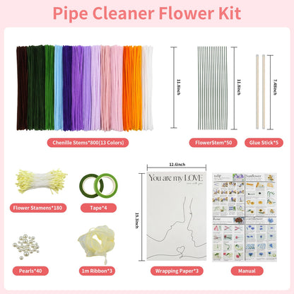 800PCS Pipe Cleaner Flower Kit, DIY Pipe Cleaners Craft Bouquet Making Kit with Floral Wires & Tape, DIY Chenille Stems Craft Supplies with Wrapping Paper & Ribbon for Home Decor