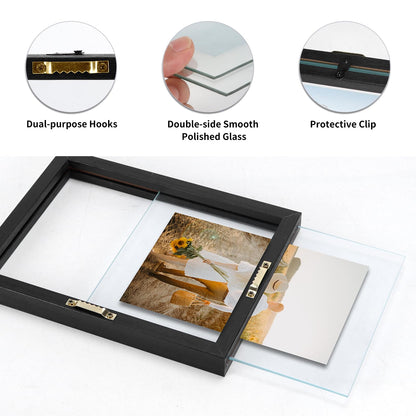 WIFTREY 4x6 Floating Picture Frames Set of 4, Black Rustic Picture Frame 4 x 6 for Wall Hanging, Double Glass Family Photo Frame Display Multi Size, 3.5x5, 4x6, 5x7, 6x8