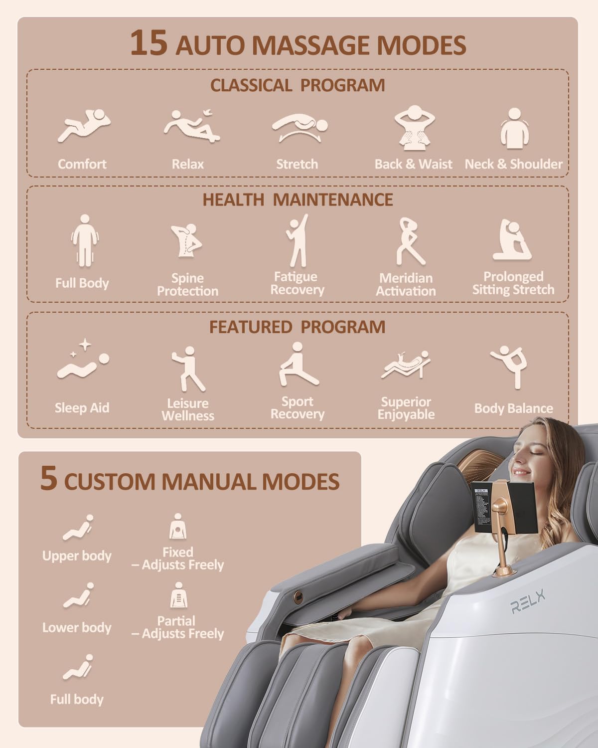 RELX Massage Chair Full Body, 20 Modes Zero Gravity SL-Track Shiatsu Massage Chair Built-in Heat System, Airbag Massage with Body Scan, Deep Yoga Stretch, Calfrest Extension and AI Control(White)