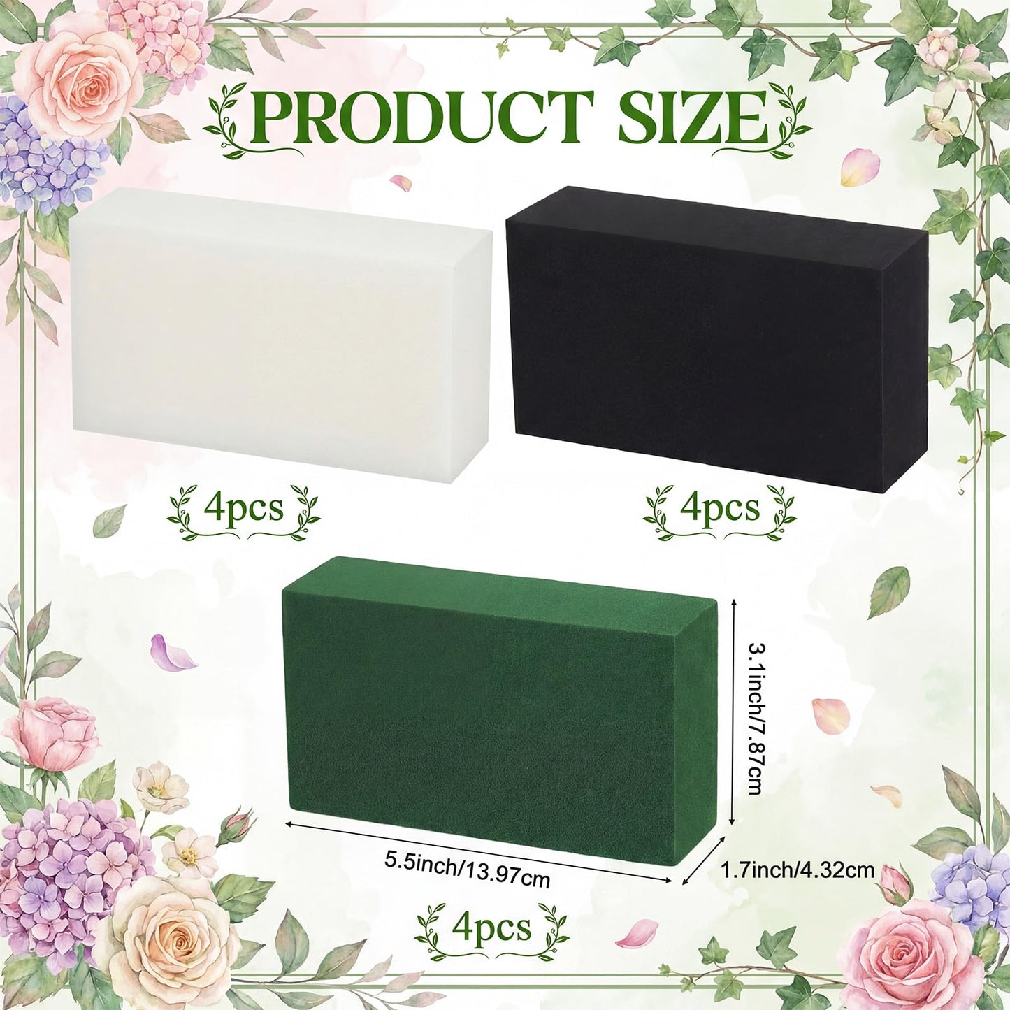 Maasechs 12 Pcs Floral Foam Blocks for Flower Arrangements, 5.5 x 3.1 x 1.7 Inch Wet and Dry Plant Foam for Florist Flowers, Wedding, Birthdays, Home DIY and Garden Decoration (Green, Black, White)