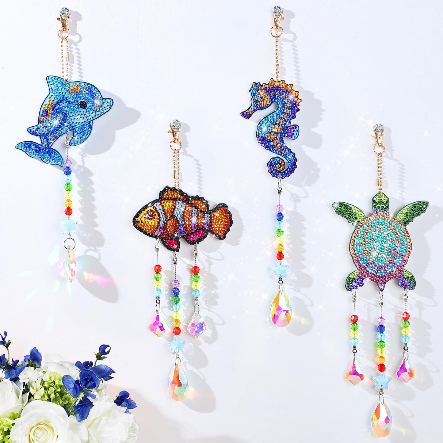Diamond Art Kits for Kids - Crafts Gifts for Girls 8-12, 4 Pcs Double Sided Sea Animal Style Wind Chime, Hanging Crystal Rhinestone Painting Ornament