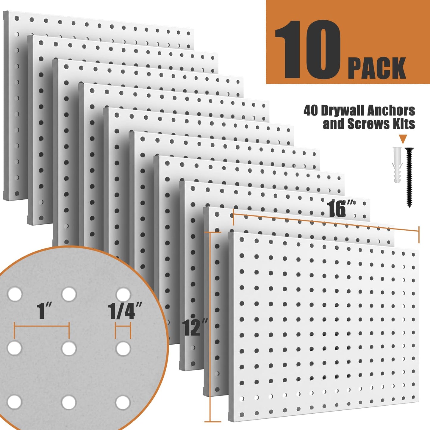 PBHEPJ 10 Pcs Metal Pegboard Panels, Heavy Duty Peg Boards for Garage and Garden Tool Storage, Includes Drywall Anchors and Screws Kits, White (10 pcs 16in x 12in)