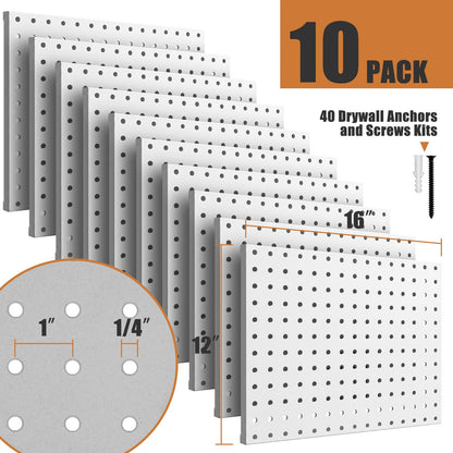 PBHEPJ 10 Pcs Metal Pegboard Panels, Heavy Duty Peg Boards for Garage and Garden Tool Storage, Includes Drywall Anchors and Screws Kits, White (10 pcs 16in x 12in)