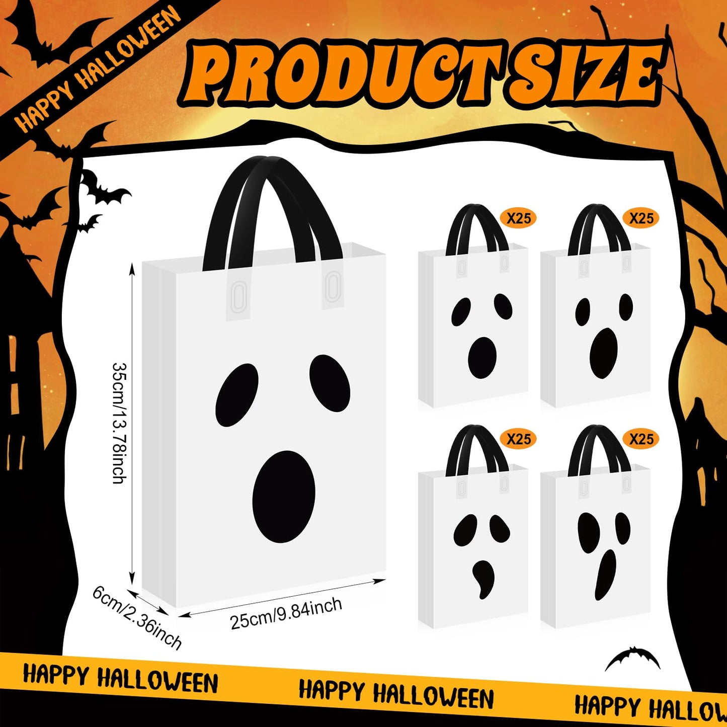 Gersoniel 100 Pieces Halloween Plastic Gift Bags with Handle Treat or Trick Ghost Tote Bags Candy Goodie Bag for Home Treat or Trick Halloween Party Favor Supplies Decoration