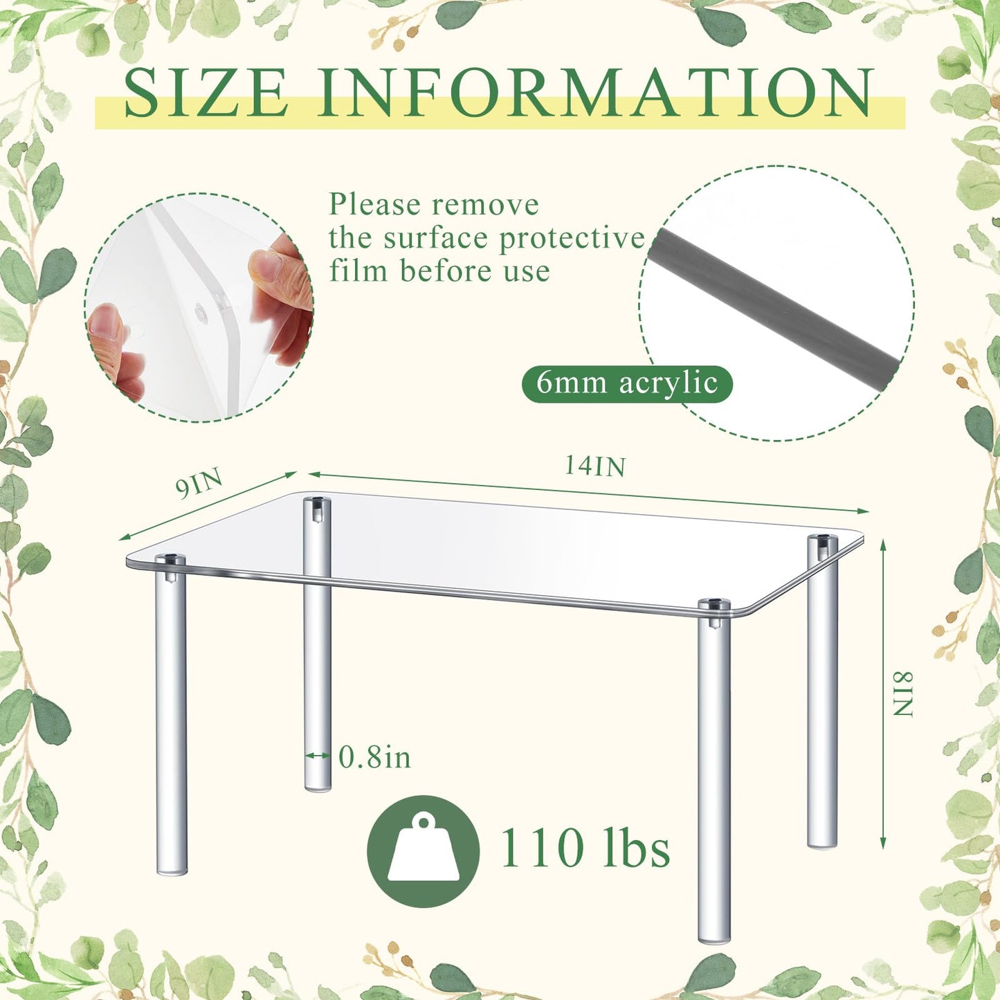 RattanView 1 Pcs 14 Inch Acrylic Risers Display Stands Rectangular 4-leg Acrylic Plant Stand, 6mm Thick Clear Shelf Riser Display Stands for Decor Collectibles Figures and Item Photography