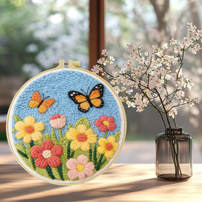 JOZYSH DIY Punch Needle Kits for Beginners Cute Cartoon Butterflies with Spring Flowers with Hoop Embroidery Punch Needle Starter Craft Set Easy for Adults Festival Gift and Decoration