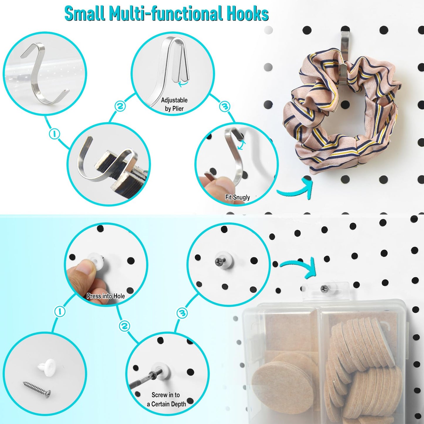 Pegboard Hooks Organizers - Peg Board Baskets Clear Cups Multiple Hangers 33 Pack - Display Shelving Tool Organizer Set for Craft Room Office Stadio Workroom Garage Storage Organization (White)