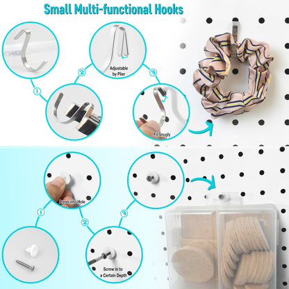 Pegboard Hooks Organizers - Peg Board Baskets Clear Cups Multiple Hangers 33 Pack - Display Shelving Tool Organizer Set for Craft Room Office Stadio Workroom Garage Storage Organization (White)